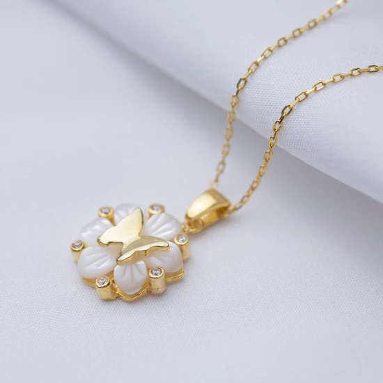 Plain Butterfly Mother Of Pearl Flower Silver Necklace - Sade 925 Silver Jewelry