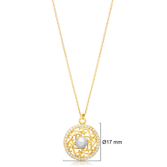 Round Design with Pearl Turkish Trendy Silver Charm Necklace