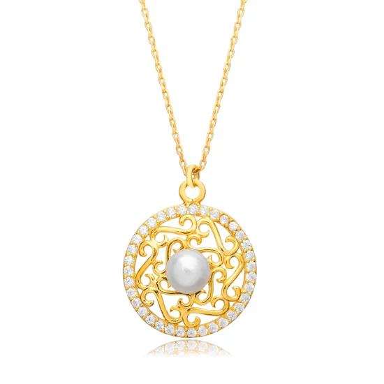 Round Design with Pearl Turkish Trendy Silver Charm Necklace