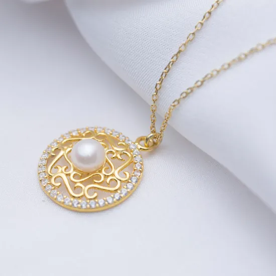Round Design with Pearl Turkish Trendy Silver Charm Necklace