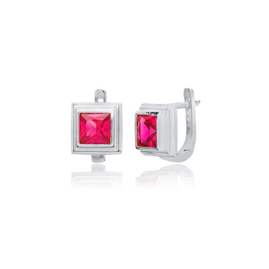 Ruby CZ Square Latch Back 925 Sterling Silver Earrings | 925 Sterling Silver Wholesale | Sade Silver Ruby CZ Square Latch Back 925 Sterling Silver Earrings - Sade 925 Silver Jewelry