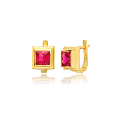Ruby CZ Square Latch Back 925 Sterling Silver Earrings