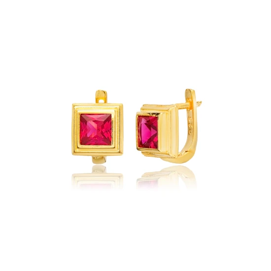 Ruby CZ Square Latch Back 925 Sterling Silver Earrings | 925 Sterling Silver Wholesale | Sade Silver Ruby CZ Square Latch Back 925 Sterling Silver Earrings - Sade 925 Silver Jewelry