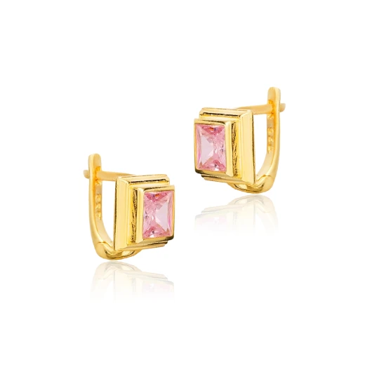 Pink CZ Square Latch Back 925 Sterling Silver Earrings | 925 Sterling Silver Wholesale | Sade Silver Pink CZ Square Latch Back 925 Sterling Silver Earrings - Sade 925 Silver Jewelry