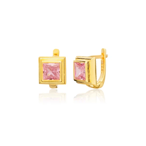 Pink CZ Square Latch Back 925 Sterling Silver Earrings