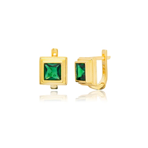 Emerald CZ Square Latch Back Sterling Silver Earrings