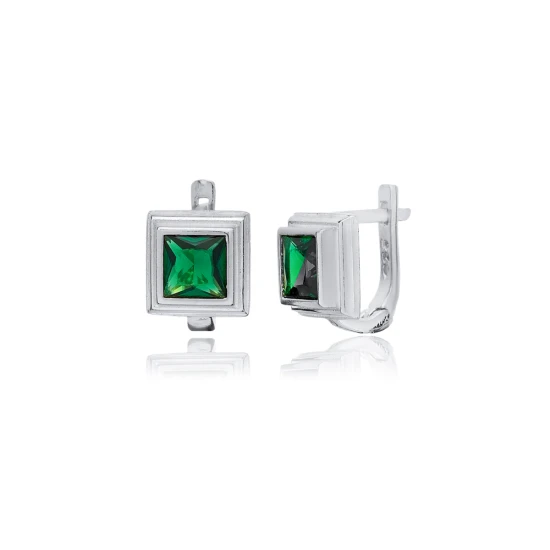 Emerald CZ Square Latch Back Sterling Silver Earrings | 925 Sterling Silver Wholesale | Sade Silver Emerald CZ Square Latch Back Sterling Silver Earrings - Sade 925 Silver Jewelry