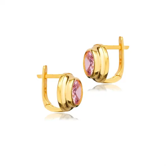 Round Design Cute Pink CZ Sterling Silver Latch Back Earring Round Design Cute Pink CZ Sterling Silver Latch Back Earring
