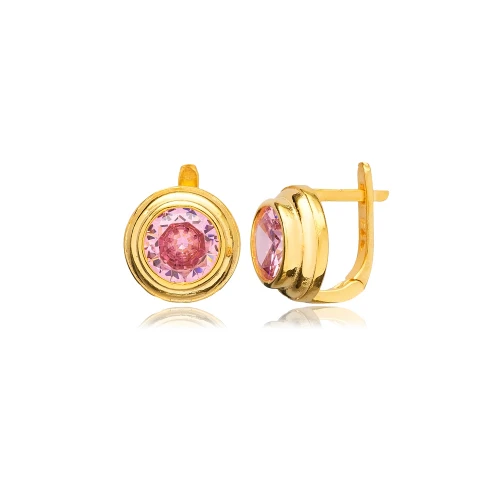 Round Cute Pink CZ Latch Back Sterling Silver Earrings