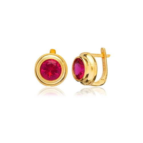 Round Ruby CZ Latch Back 925 Sterling Silver Earrings