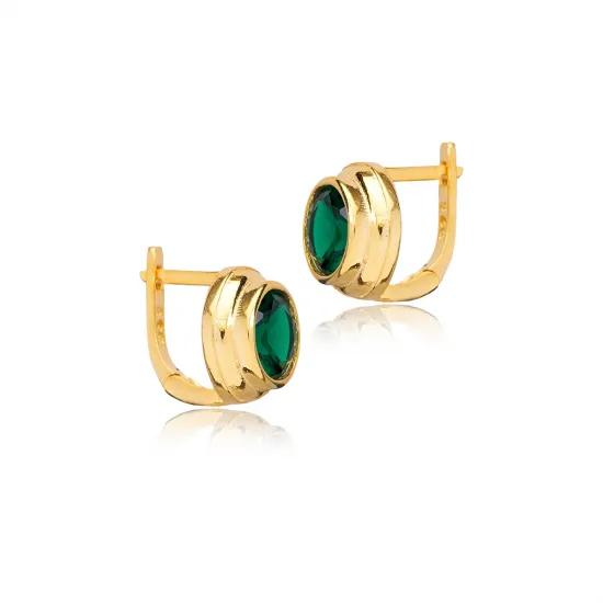 Round Design Emerald CZ Turkish Silver Latch Back Earrings Round Design Emerald CZ Turkish Silver Latch Back Earrings