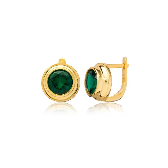 Round Design Emerald CZ Turkish Silver Latch Back Earrings Round Design Emerald CZ Turkish Silver Latch Back Earrings
