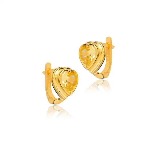 Heart Shape Citrine CZ Latch Back 925 Silver Earrings | 925 Sterling Silver Wholesale | Sade Silver Heart Shape Citrine CZ Latch Back 925 Silver Earrings - Sade 925 Silver Jewelry