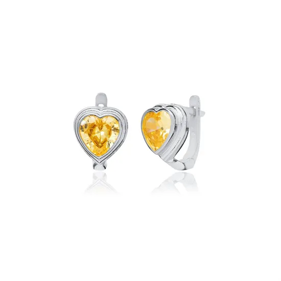 Heart Shape Citrine CZ Latch Back 925 Silver Earrings | 925 Sterling Silver Wholesale | Sade Silver Heart Shape Citrine CZ Latch Back 925 Silver Earrings - Sade 925 Silver Jewelry