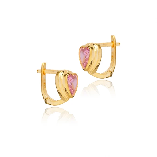 Heart Shape Pink CZ Latch Back Sterling Silver Earrings - Sade 925 Silver Jewelry