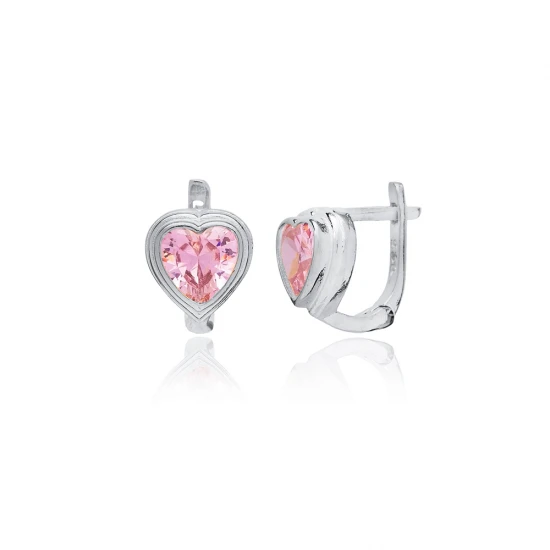 Heart Shape Pink CZ Latch Back Sterling Silver Earrings - Sade 925 Silver Jewelry