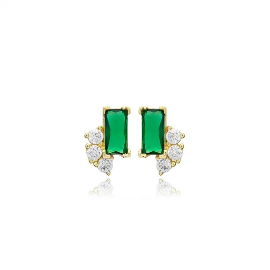 Tiny Emerald Baguette 925 Sterling Silver Earrings
