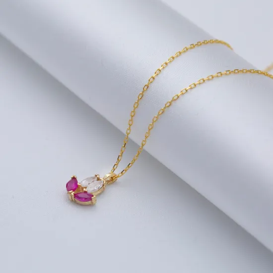 Tiny Ruby CZ Marquise Cut Flower Charm Necklace Silver Jewelry Tiny Ruby CZ Marquise Cut Flower Charm Necklace Silver Jewelry