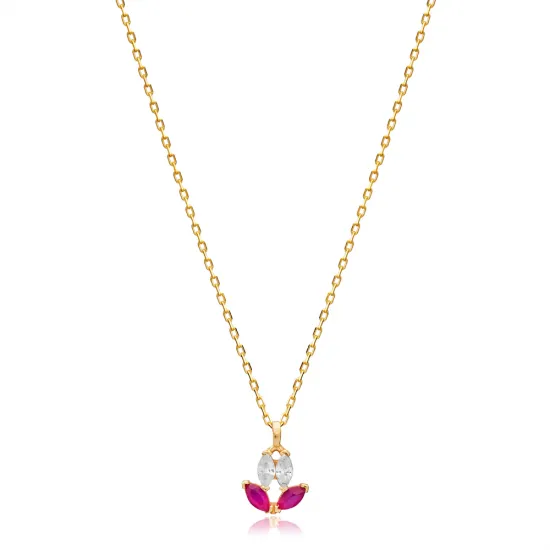 Tiny Ruby CZ Marquise Cut Flower Charm Necklace Silver Jewelry Tiny Ruby CZ Marquise Cut Flower Charm Necklace Silver Jewelry