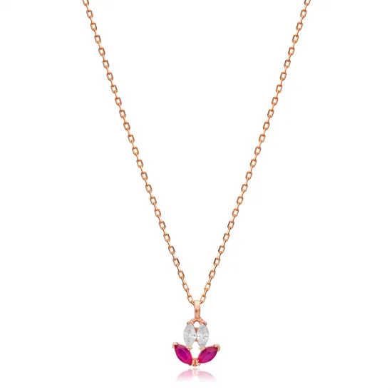 Tiny Ruby CZ Marquise Cut Flower Charm Necklace Silver Jewelry Tiny Ruby CZ Marquise Cut Flower Charm Necklace Silver Jewelry