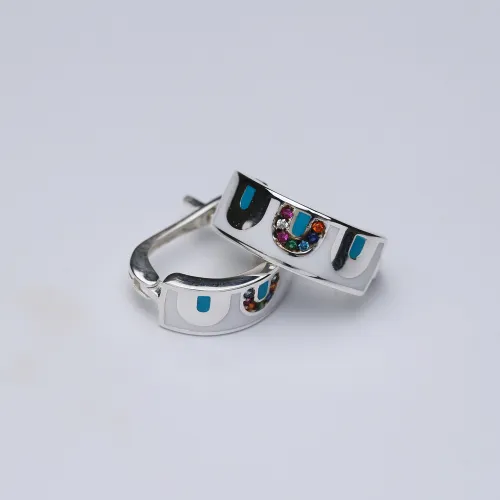 White Enamel Mix CZ Latch Back Sterling Silver Earrings