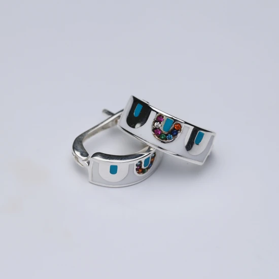 White Enamel Mix CZ Latch Back Sterling Silver Earrings White Enamel Mix CZ Latch Back Sterling Silver Earrings