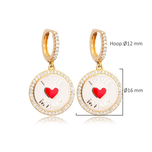 White Enamel Love Mama Heart Dangle 925 Silver Earrings