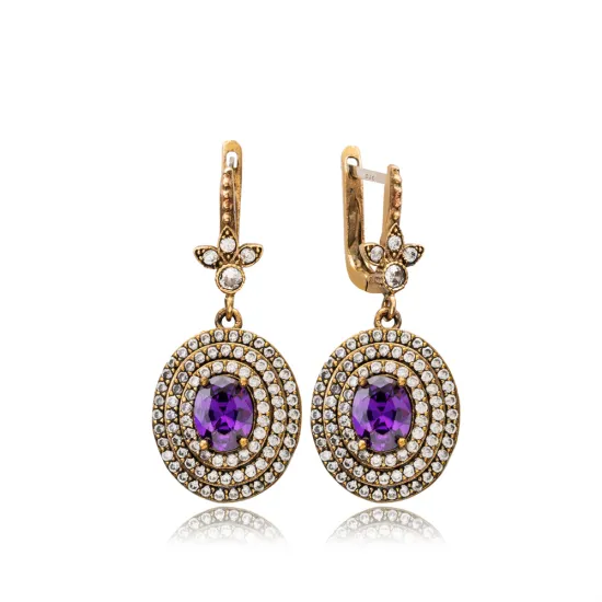 Amethyst CZ Oval Ottoman Style Authentic Silver Earrings Amethyst CZ Oval Ottoman Style Authentic Silver Earrings