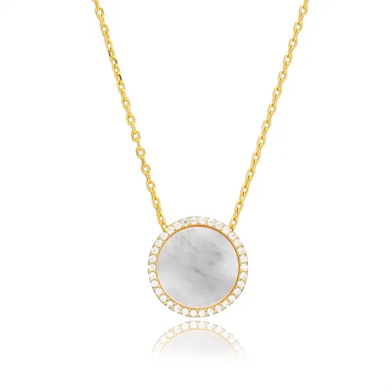 Mother of Pearl Round Design Charm Silver Pendant Necklace