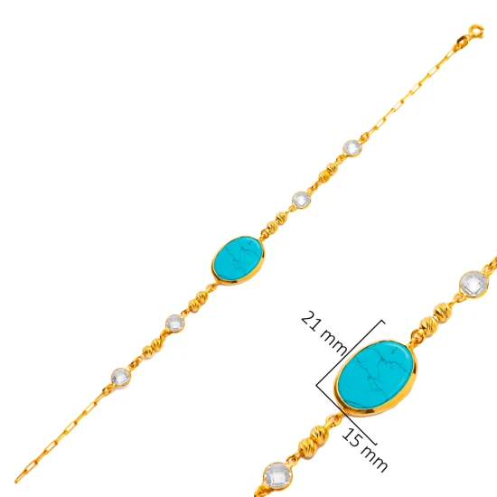 Turquoise Oval Bezel Chain 925 Sterling Silver Bracelet - Sade 925 Silver Jewelry