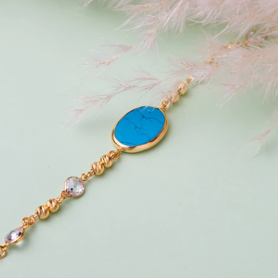 Turquoise Oval Bezel Chain 925 Sterling Silver Bracelet - Sade 925 Silver Jewelry