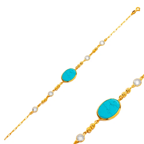 Turquoise Oval Bezel Chain 925 Sterling Silver Bracelet