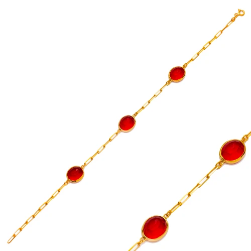 Ruby Quartz Three Oval Bezel Sterling Silver Bracelet