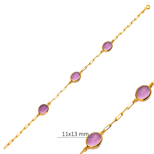 Amethyst Quartz Three Oval Bezel 925 Silver Bracelet
