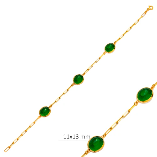 Emerald Quartz Three Oval Bezel 925 Silver Bracelet
