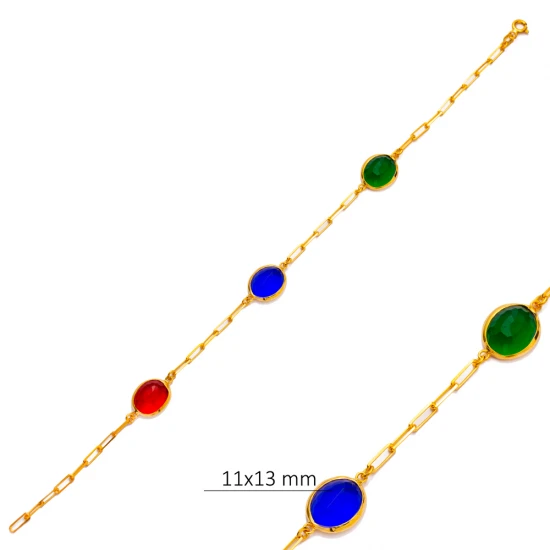 Multicolor Quartz Three Oval Bezel 925 Silver Bracelet - Sade 925 Silver Jewelry