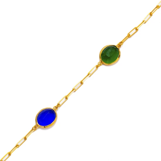 Multicolor Quartz Three Oval Bezel 925 Silver Bracelet - Sade 925 Silver Jewelry