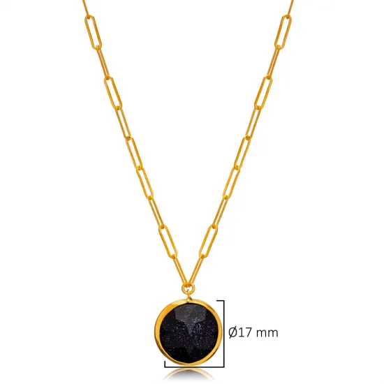 Silvery Navy Blue Quartz Round Bezel Silver Necklace