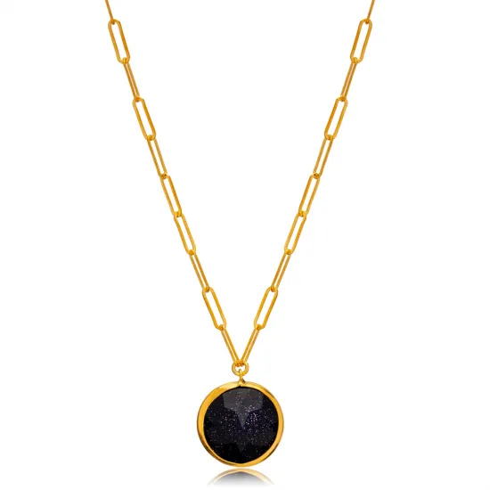 Silvery Navy Blue Quartz Round Bezel Silver Necklace