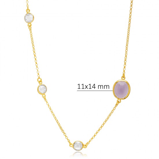 Amethyst Quartz Oval Triple CZ Stone Silver Charm Necklace Amethyst Quartz Oval Triple CZ Stone Silver Charm Necklace