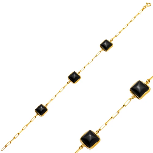 Black Quartz Square Bezel Chain 925 Silver Bracelet