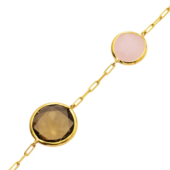 Multicolor Quartz Round Bezel Chain 925 Silver Bracelet | 925 Sterling Silver Wholesale | Sade Silver Multicolor Quartz Round Bezel Chain 925 Silver Bracelet - Sade 925 Silver Jewelry