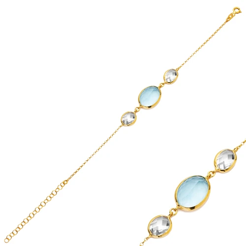 Aquamarine Quartz Oval Bezel Chain Silver Bracelet