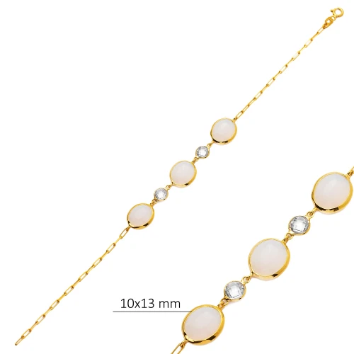 White Quartz Round Bezel Chain Sterling Silver Bracelet