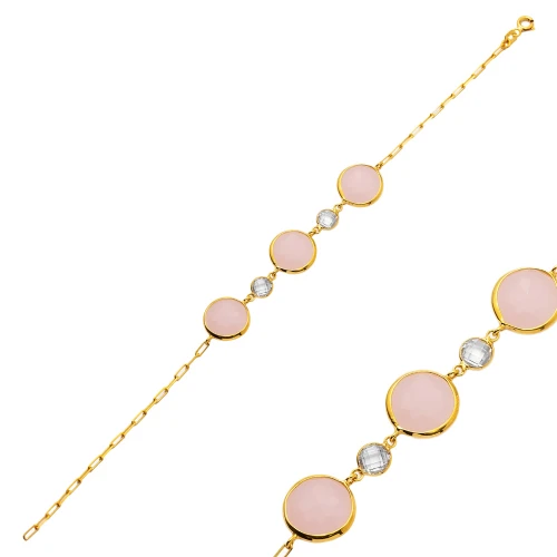 Pink Quartz Round Bezel Chain 925 Silver Bracelet