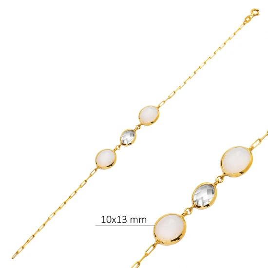 White Quartz Oval 22 Karat Gold Bezel Silver Bracelet - Sade 925 Silver Jewelry