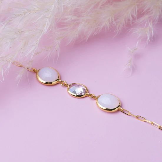 White Quartz Oval 22 Karat Gold Bezel Silver Bracelet - Sade 925 Silver Jewelry