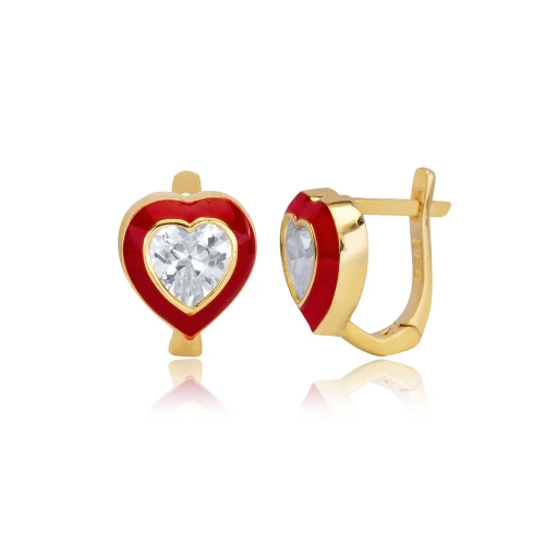 Red Enamel CZ Heart Latch Back Sterling Silver Earrings