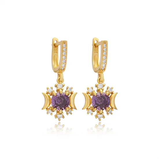 Round Amethyst CZ Dangle 925 Sterling Silver Earrings Round Amethyst CZ Dangle 925 Sterling Silver Earrings