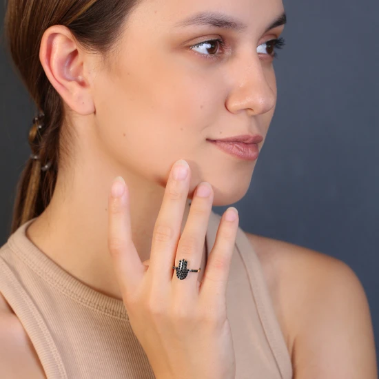 Turkish Hamsa Shape Black CZ Adjustable 925 Silver Ring | 925 Sterling Silver Wholesale | Sade Silver Turkish Hamsa Shape Black CZ Adjustable 925 Silver Ring - Sade 925 Silver Jewelry